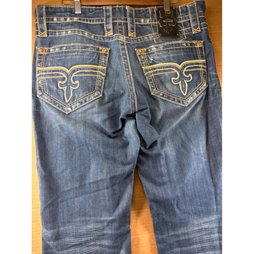 Rock Revival Curtis Straight Jeans Mens 36 Blue Distressed Thick Stitch Denim